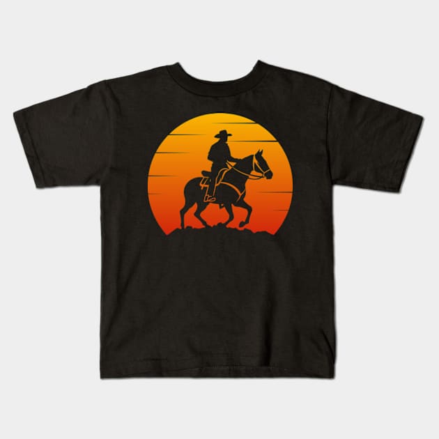 Beautiful Sunset with horse jocky Kids T-Shirt by arlene